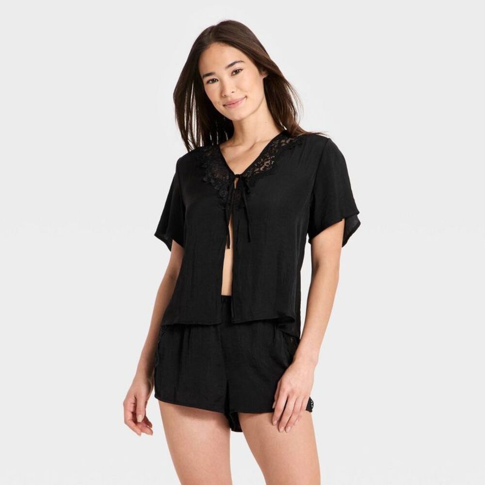 Auden - Women's Lace Trim Satin Fly Away Top and Shorts Pa Black